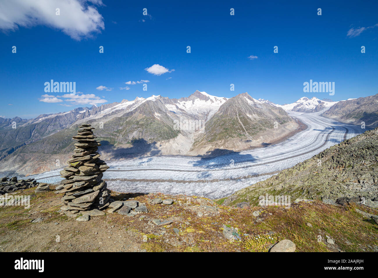 Majestic view to Aletsch glacier, the largest gracier in Alps and UNESCO herritage from Bettmeralp, Switzerland. The glacier reduction is very visible Stock Photo