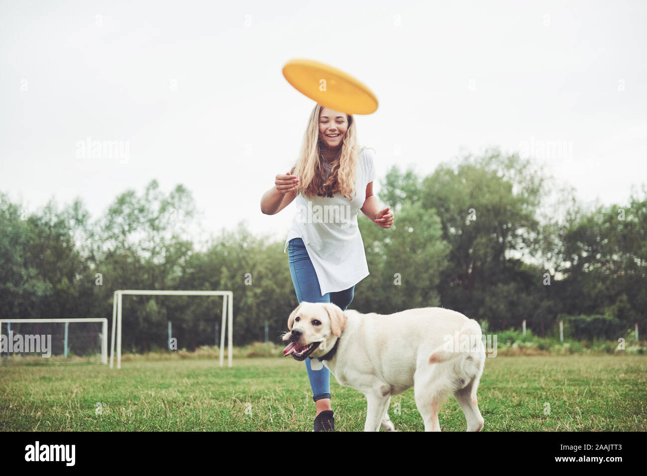 A beautiful girl playing with her beloved dog in the park Stock Photo ...