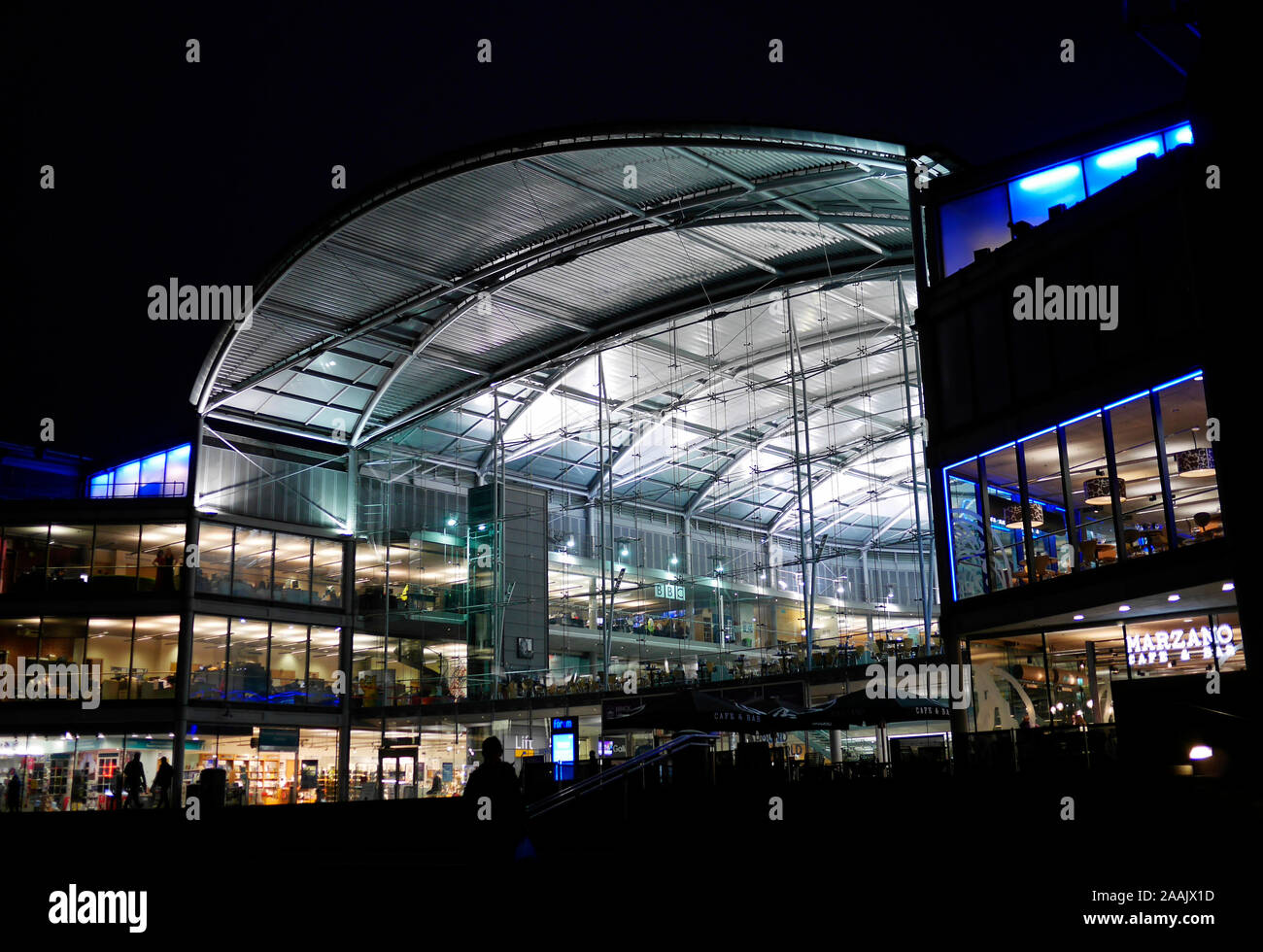The Forum, a Landmark Millennium Building at Night, in the center of Norwich, Norfolk, England, UK Stock Photo