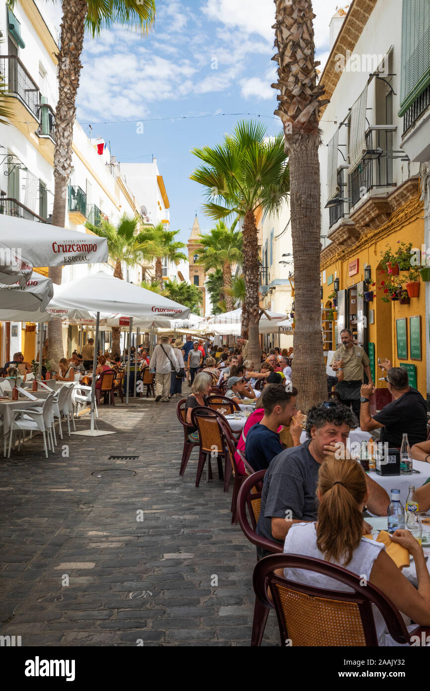 Restaurants along the Calle Virgen de la Palma, Cadiz, Andalucia, Spain, Europe Stock Photo