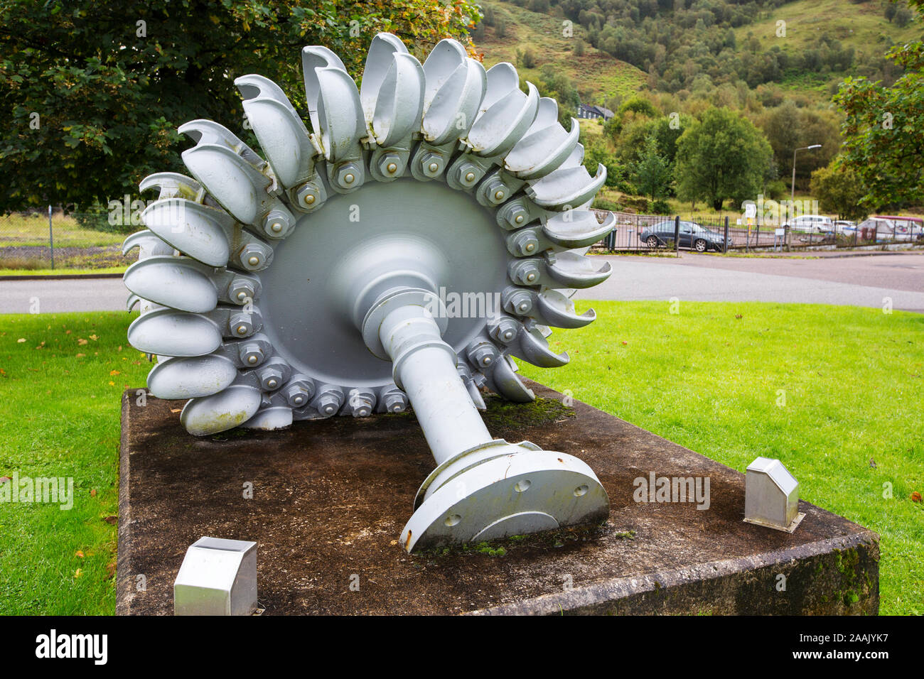 An old pelton wheel that used to power the aluminium plant in Kinlochleven, Scotland, UK Stock