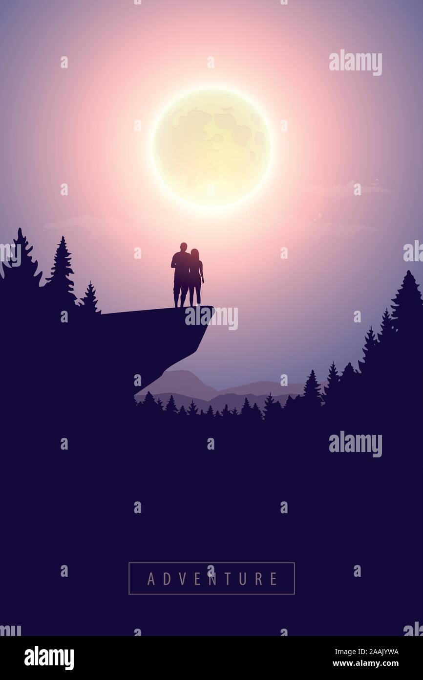 young couple looks to the full moon mystic nature landscape vector ...