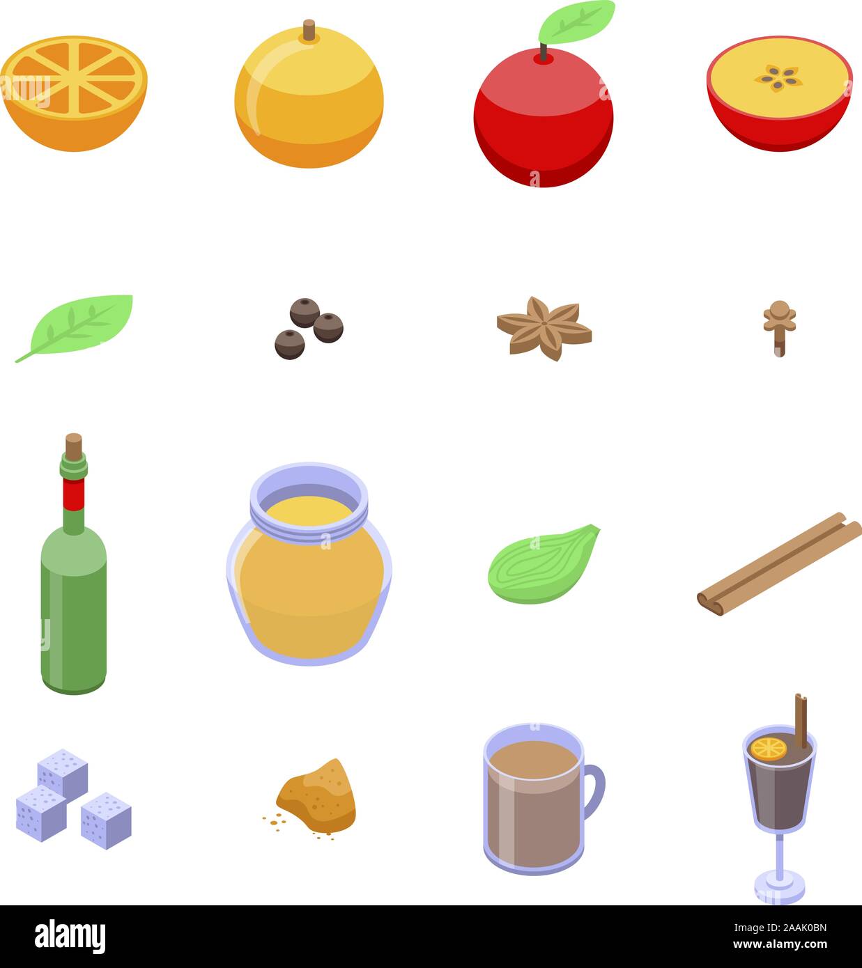 Mulled wine icons set, isometric style Stock Vector