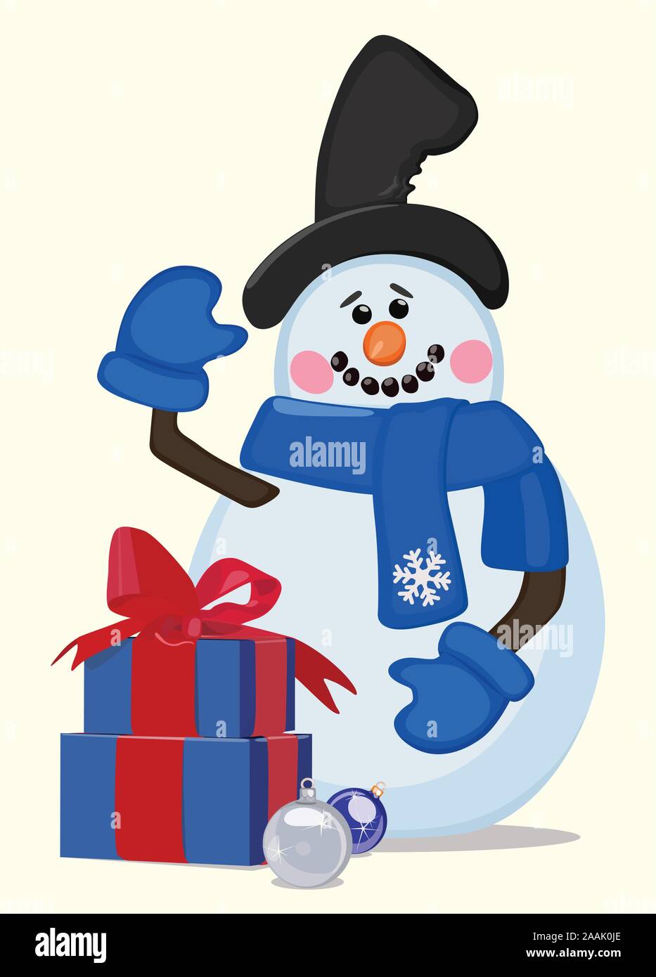 Cheerful snowman with gift boxes. Greeting card. Vector illustration. Stock Vector