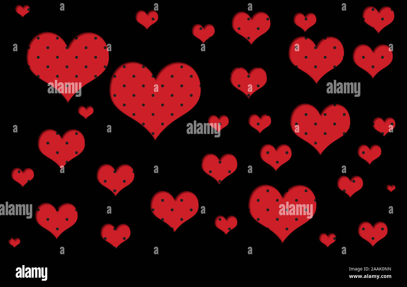 3D effect illustration with multiple sizes polka dots red hearts against a  black background, perfect as bedroom wallpaper or decorating gift boxes  Stock Photo - Alamy
