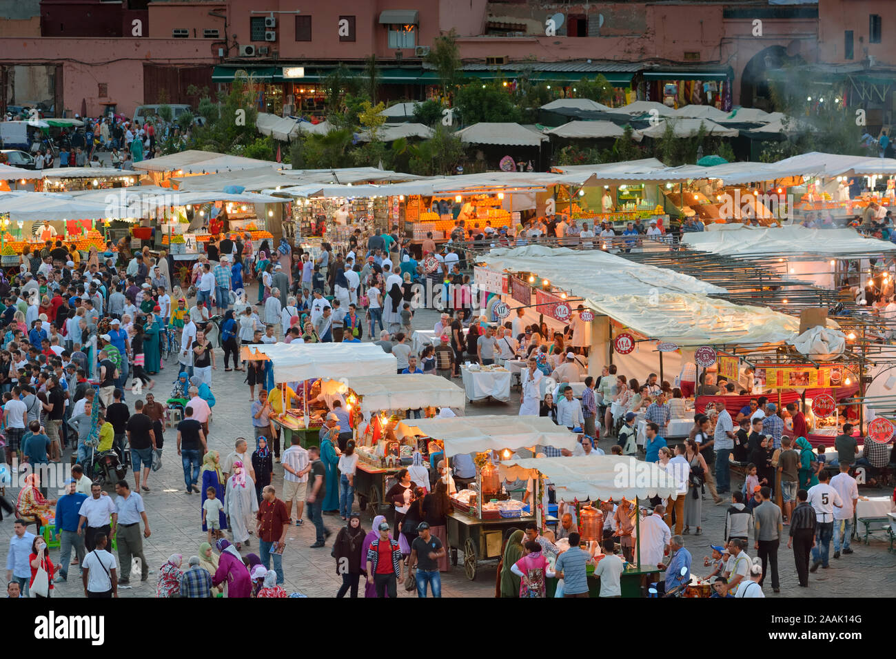 Outdoor food stalls in Djemaa el-Fna Square, a Unesco World Heritage Site. Marrakech, Morocco Stock Photo