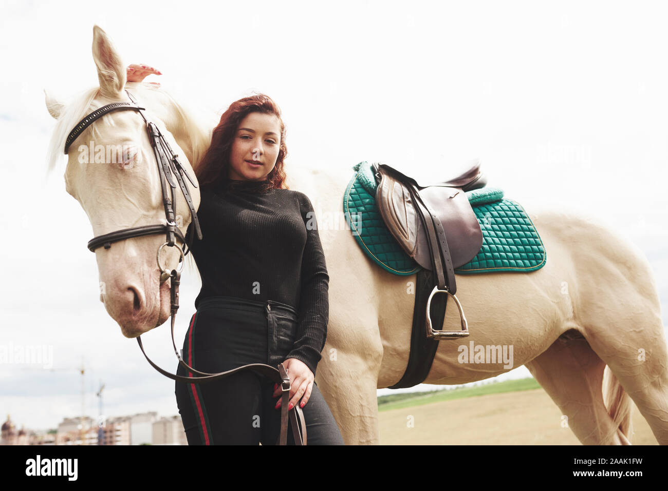 A happy girl communicates with her favorite horse. The girl loves ...