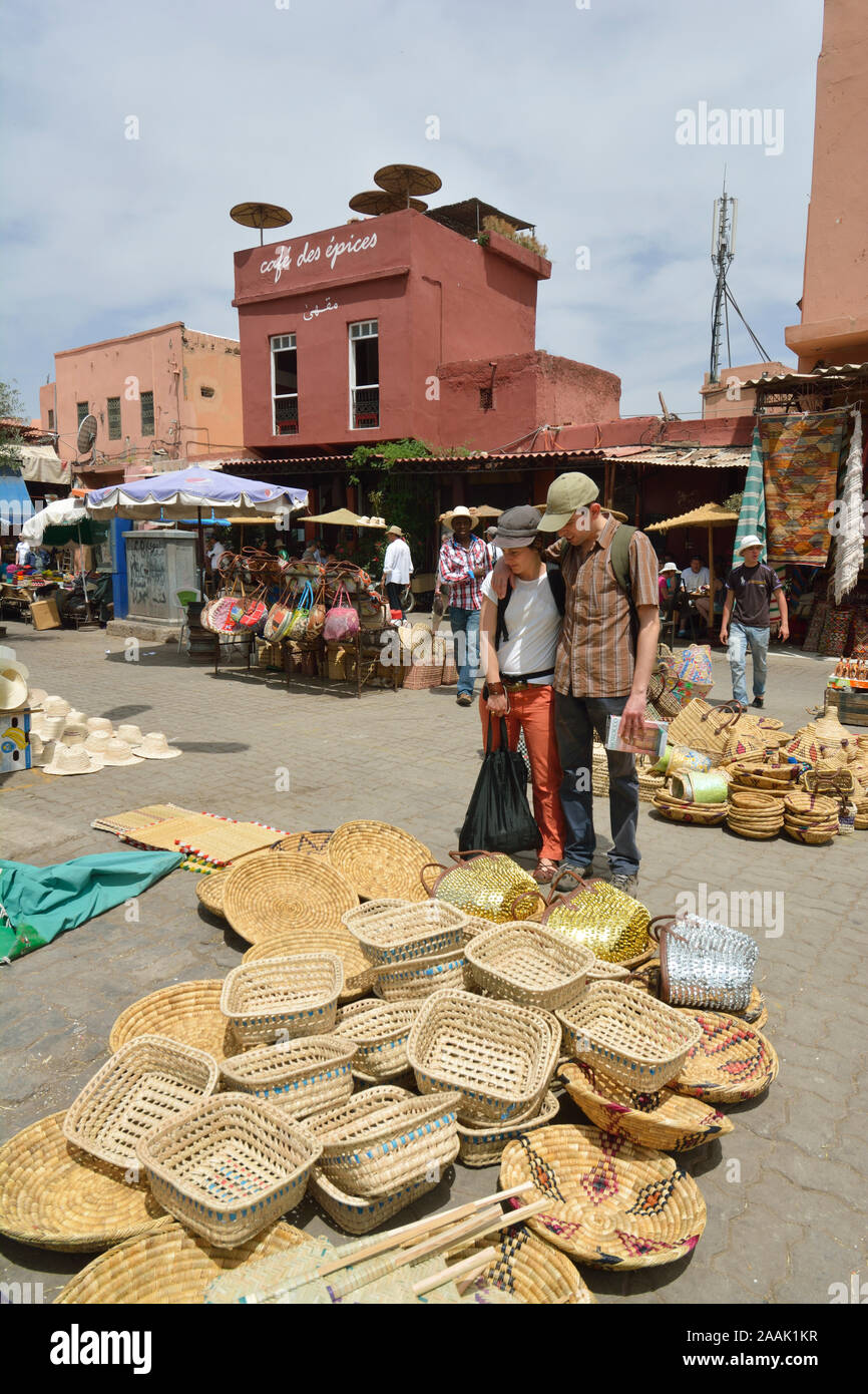 Shopping for baskets for sale in the Rabha Kedima square. Marrakech, Morocco Stock Photo