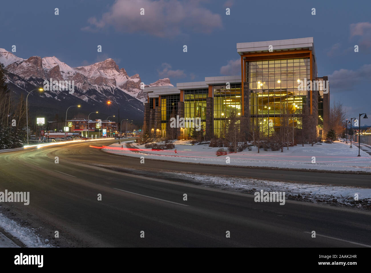 Canmore, Alberta, Canada - November 22, 2019:  early morning view of "Elevation Place", a multi purpose recreational centre Stock Photo