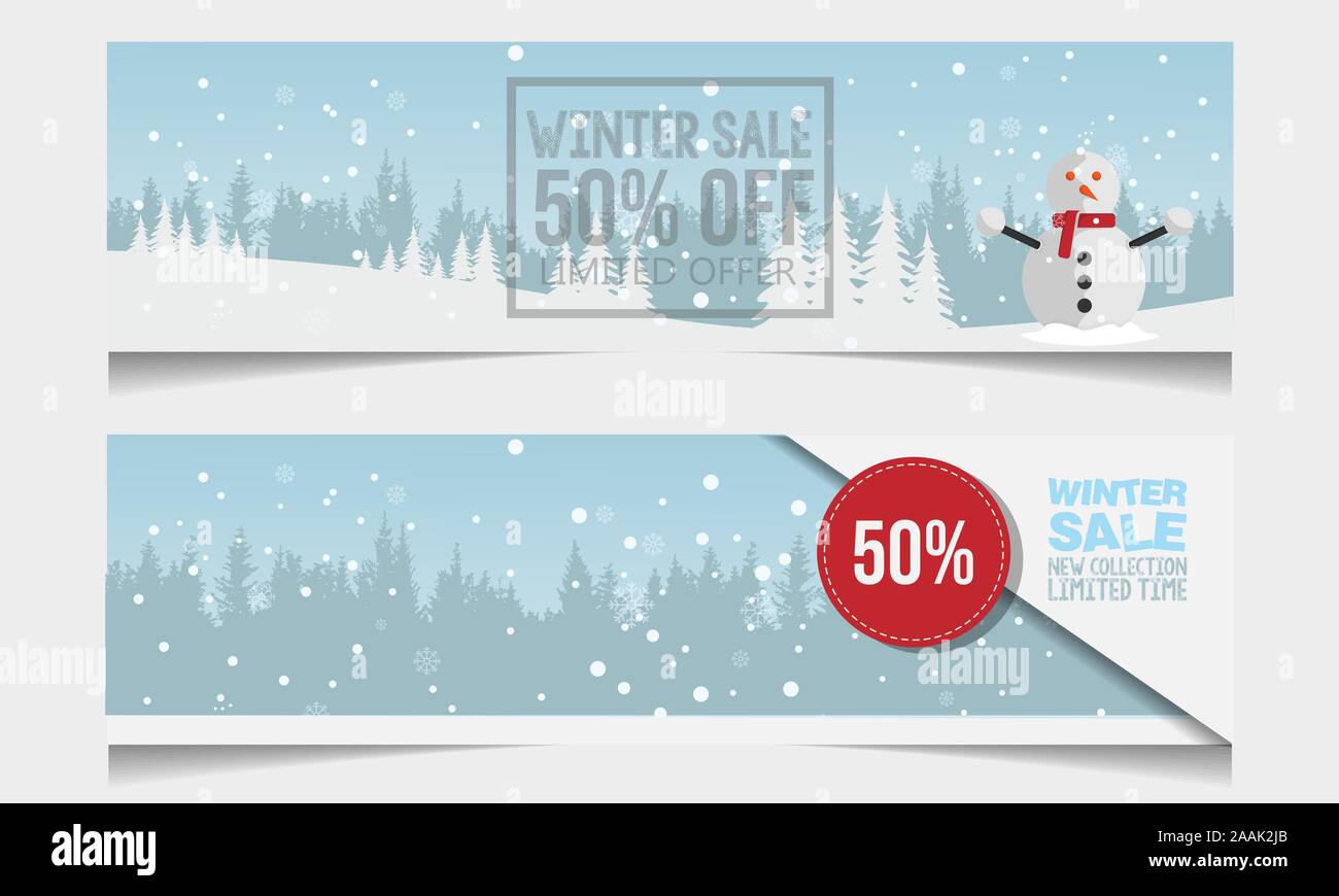 Set of winter sale banner vectors. Winter sale vector banner design with white snowflakes elements and winter sale text in snow pattern background for Stock Vector