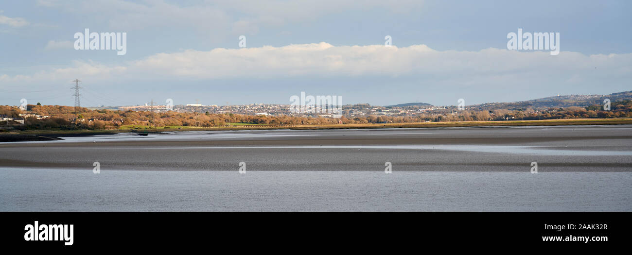View of Swansea taken from Millennium Coastal Footpath, west of Loughor. Stock Photo