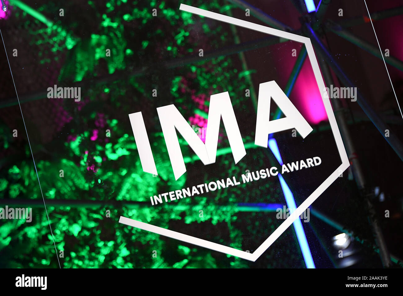 Berlin, Germany. 22nd Nov, 2019. The logo of the International Music Award  (IMA) can be seen. The new Pop Culture Prize from the Axel Springer Media  House honors artists for their attitude