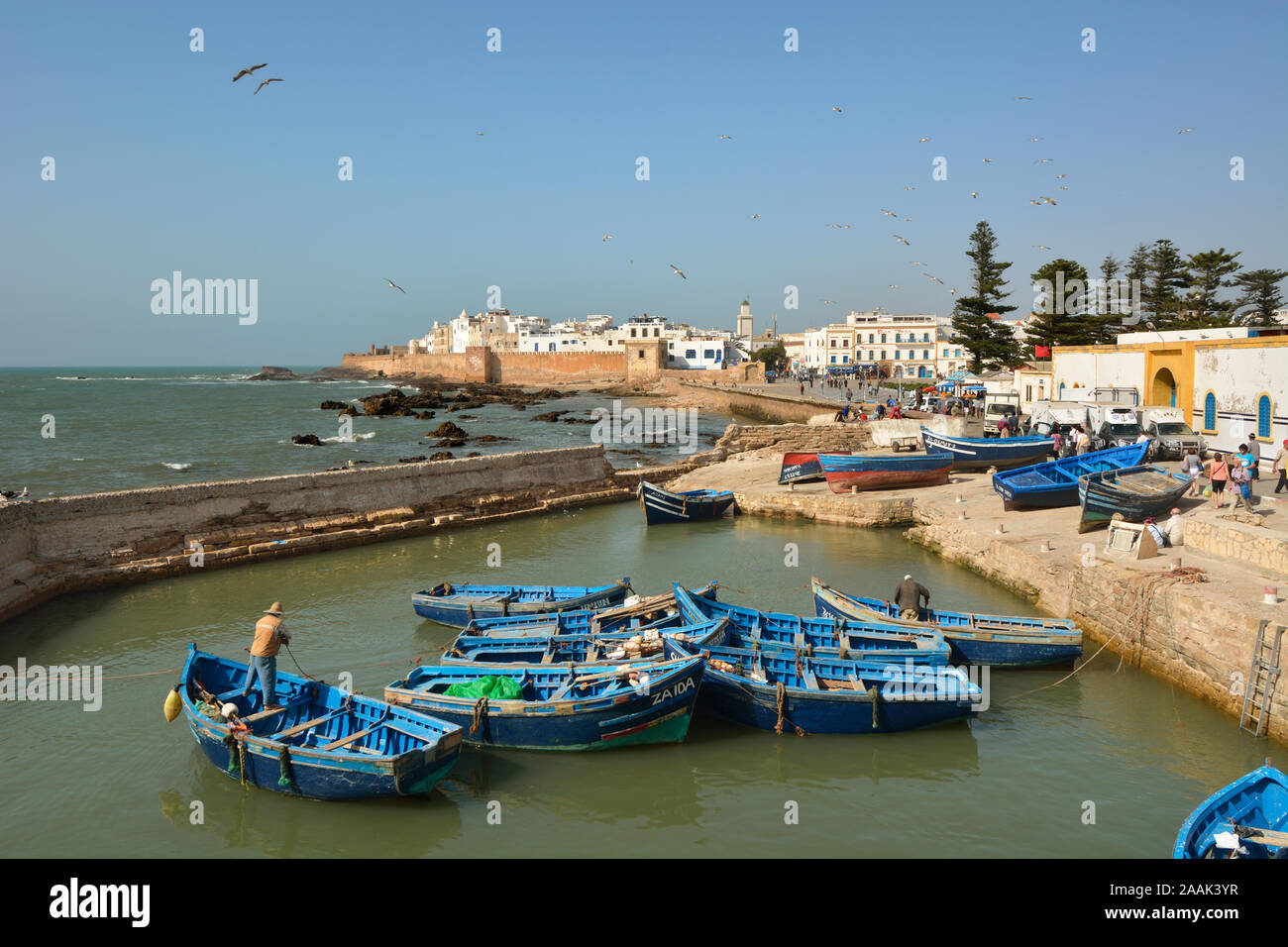 Traditional fishing boats in the busy fishing harbour of Essaouira, the third in importance in Morocco. Stock Photo