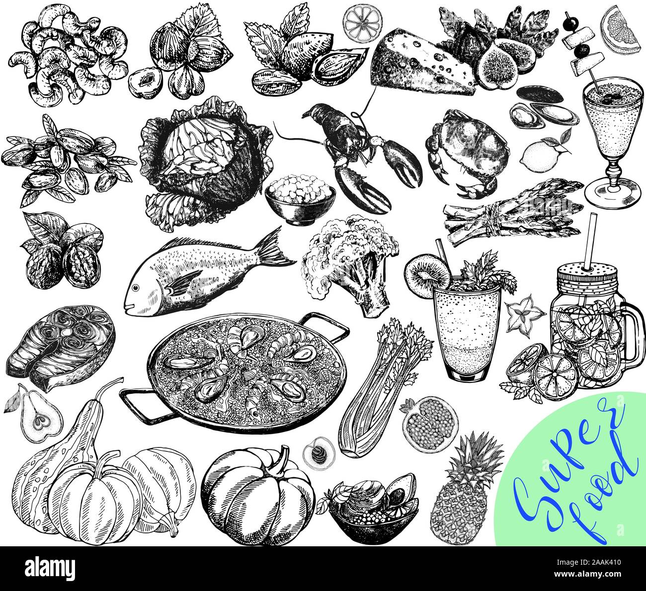 Big set of hand drawn sketch style different kinds of food and drinks isolated on white background. Vector illustration. Stock Vector