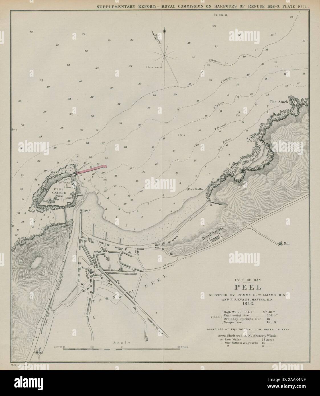 Peel bay surveyed by Williams & Evans. Proposed breakwater. Isle of Man 1859 map Stock Photo