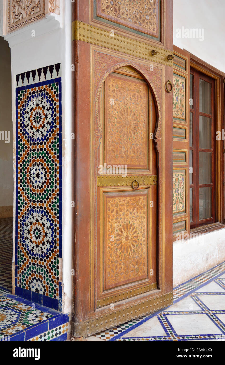Traditional door. The Bahia Palace was built in the late 19th century. Marrakech, Morocco Stock Photo