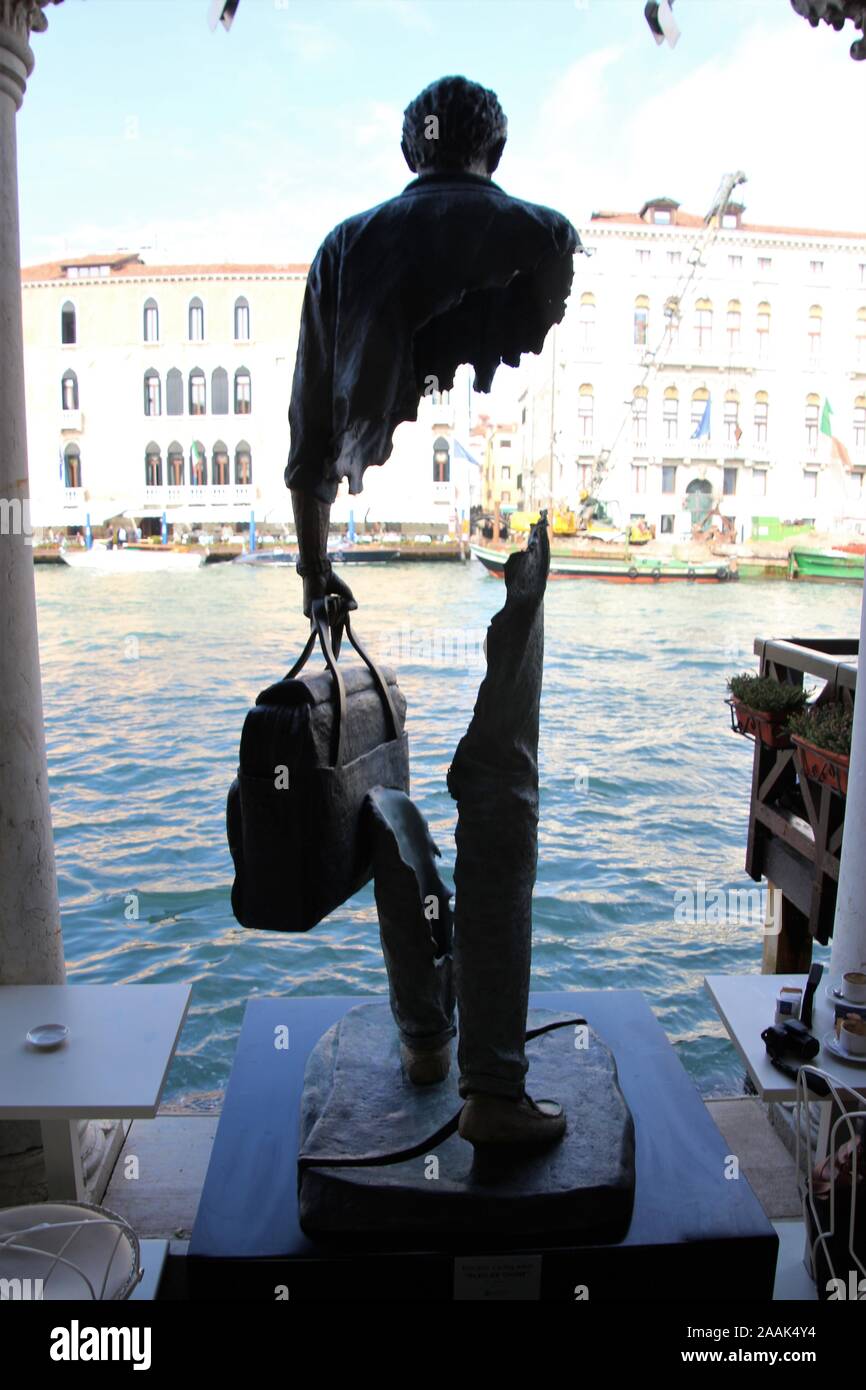 The tree-meter sculpture Bleu de Chine, made by Bruno Catalano in July 2018, on a terrace by the Grand Canal in Venice, Italy, South Europe. Stock Photo
