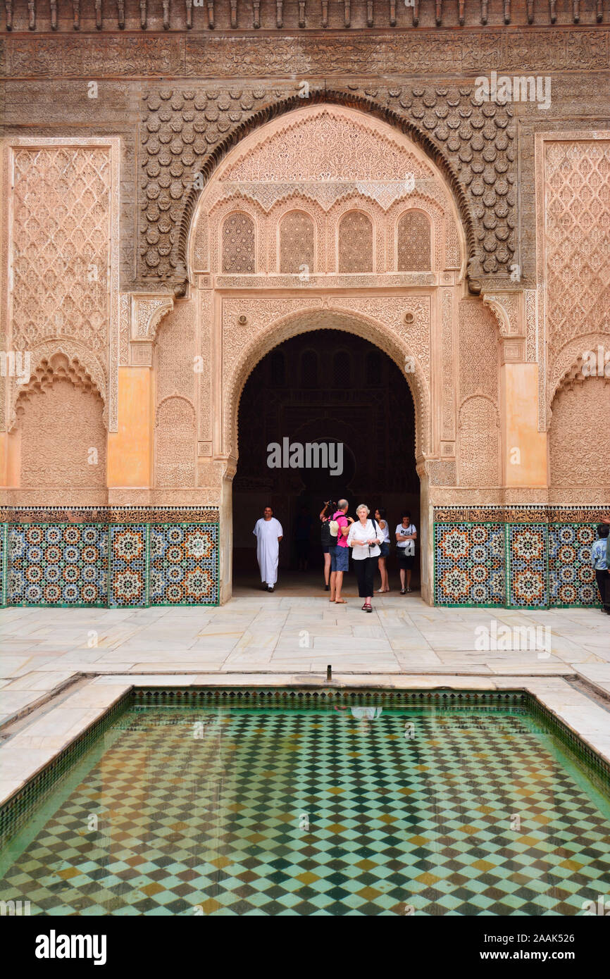 Courtyard of the beautifully restored Ben Youssef Medersa. It is the largest theological school in Morocco. Marrakech Stock Photo