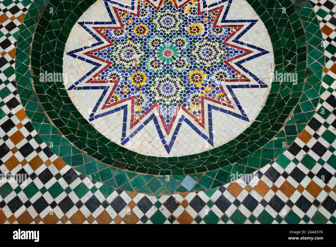Islamic decorative tiles (zeligs) in the Marrakech Museum, a 19th Century palace inside the Medina, Marrakech, Morocco Stock Photo