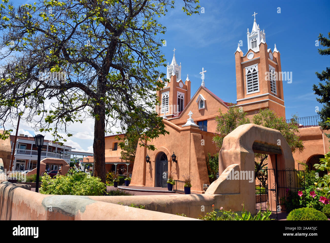San Felipe De Neri Church, built in 1793 and the only building in Old Town Albuquerque New Mexico that dates back to the Spanish colonial period. Stock Photo