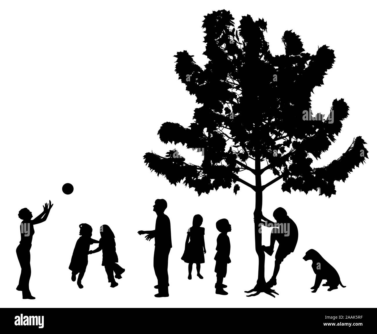 Happy children playing in the park outdoors, dancing, running, playing with ball, climbing up a tree Stock Vector