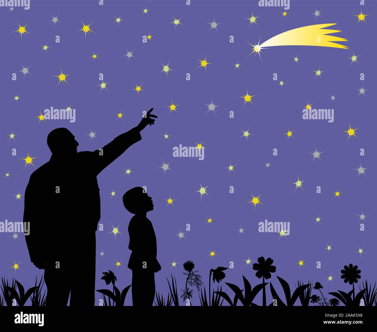 Father showing shooting star to his amazed child. Father teaching kid about science, astronomy. His son can make a wish by seeing falling star. Stock Vector