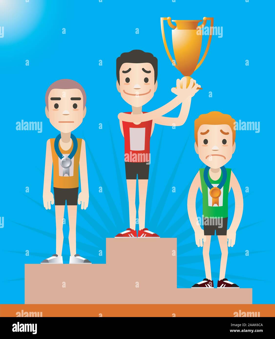 A view of the podium after a race, with each runner in its place. Winner holding cup standing on first place vector illustration. Stock Vector