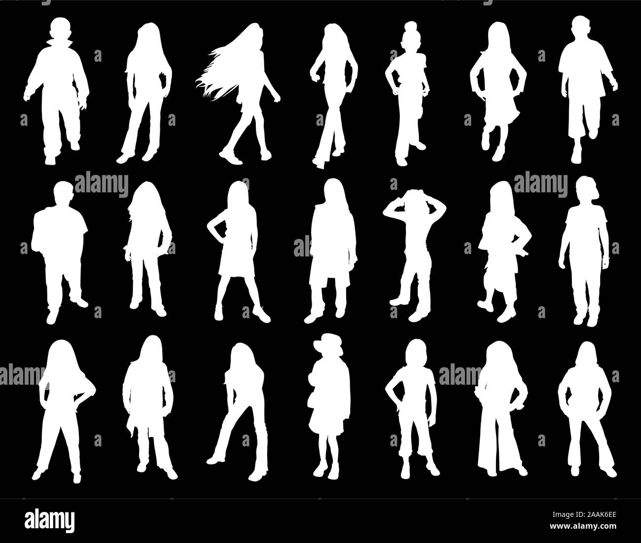Twenty one kids models at fashion show. White silhouettes on black background. Stock Vector