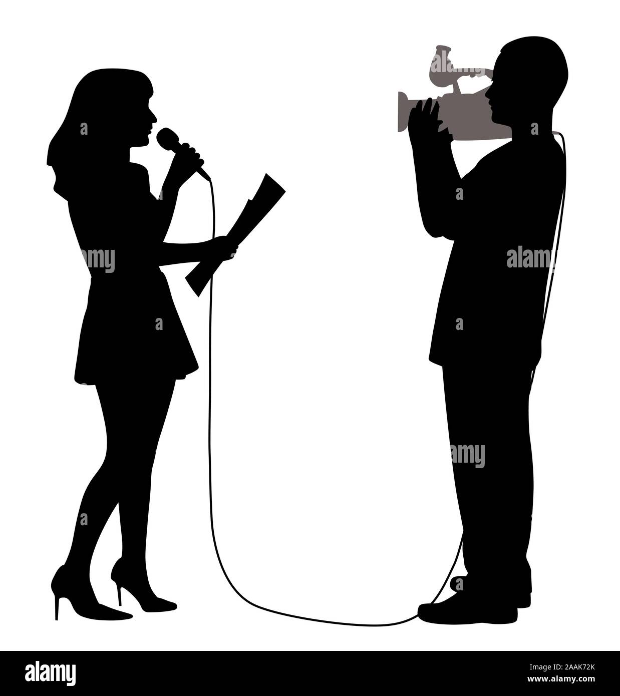 News reporter anchor woman and cameraman making reportage. Speaker 