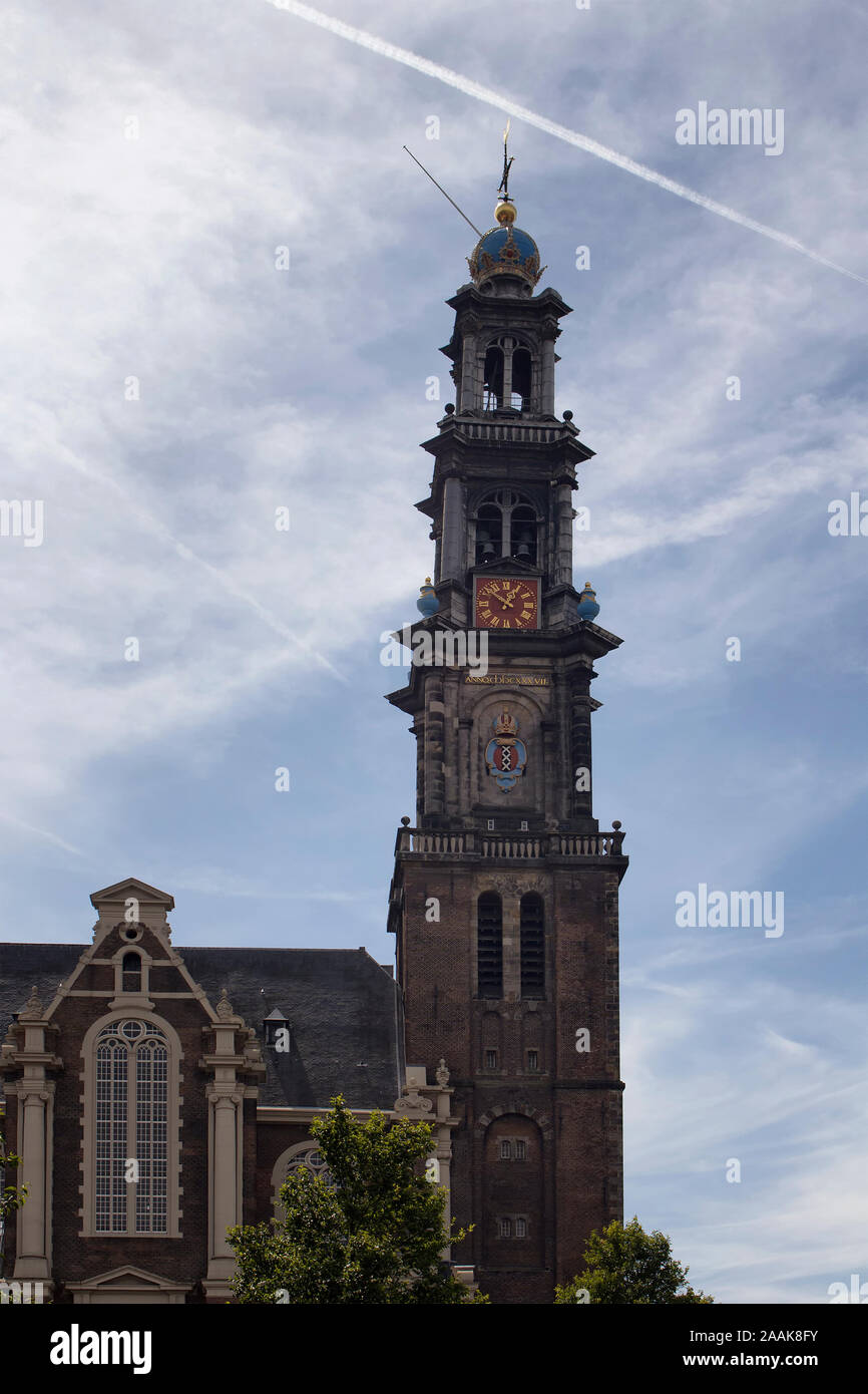 View of historical Westerkerk church in Amsterdam. 17th century structure with 85 meter tall spire. A crown-topped spire rises from this Renaissance-e Stock Photo