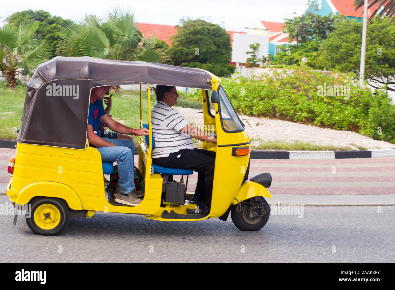 Willemstad, Curacao - October 23, 2019: Tuk tuk, a traditional tricycle taxi on the streets of Willemstad, Curacao acao Stock Photo