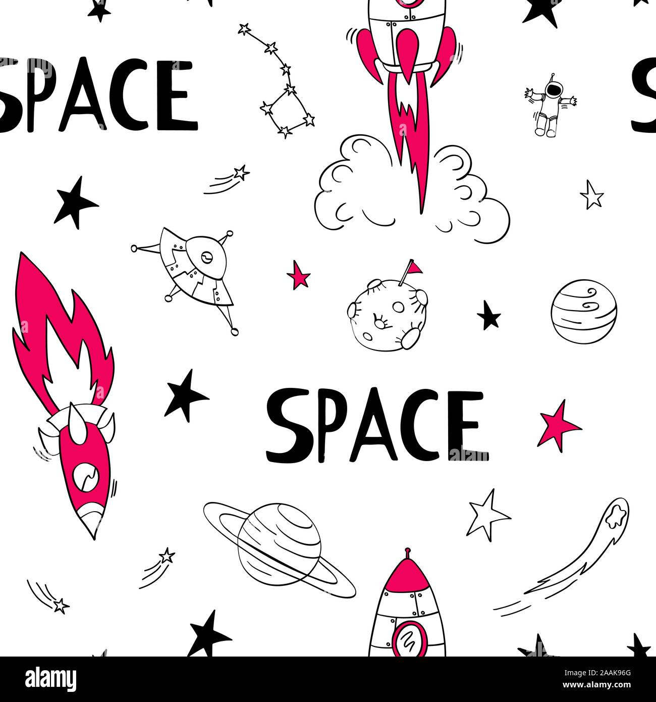Space seamless pattern. Hand drawn cosmic objects with pink details on ...