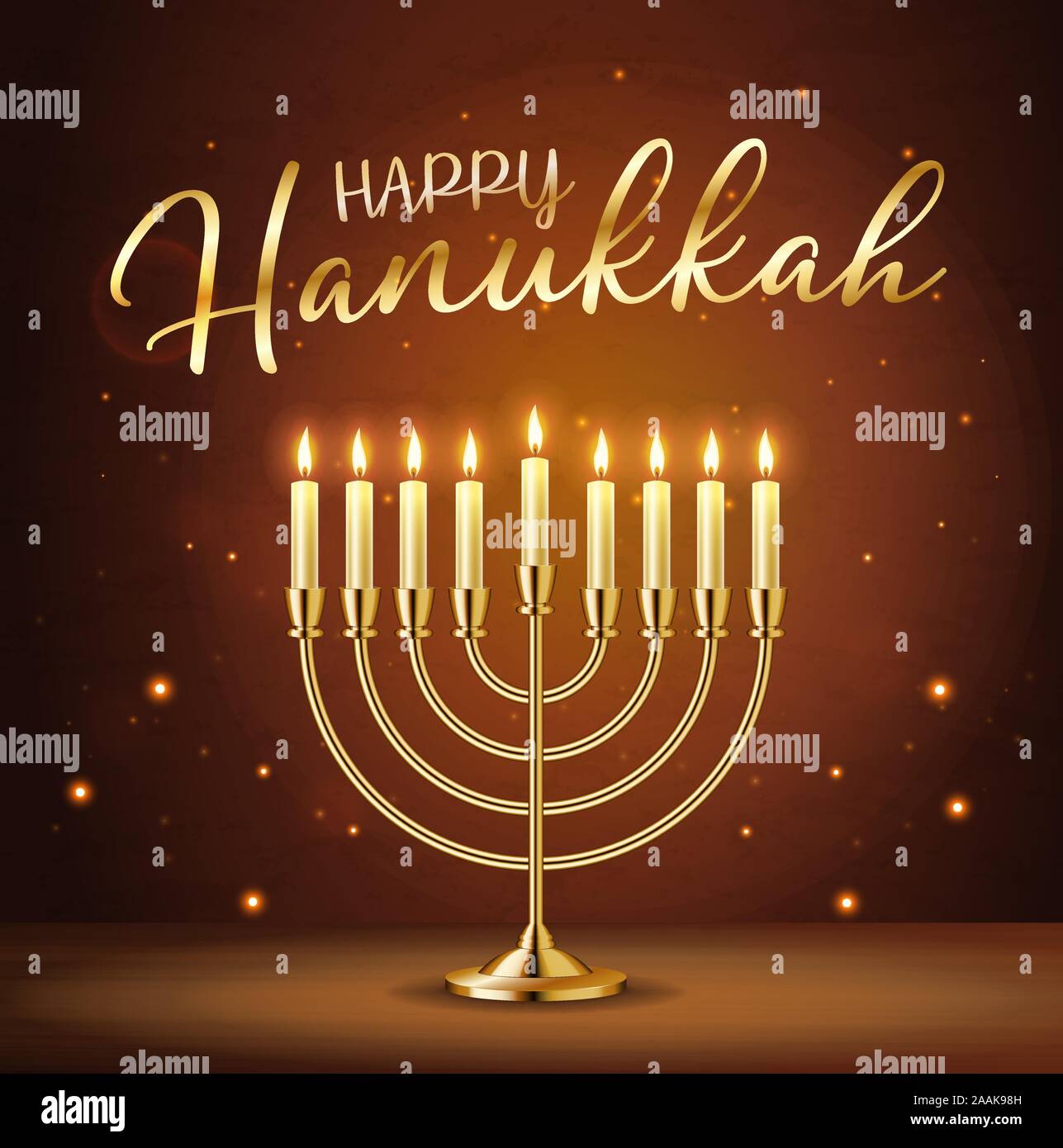 Happy Hanukkah greeting card with gold inscription and Golden realistic menorah, candlestick with burning candles Stock Vector
