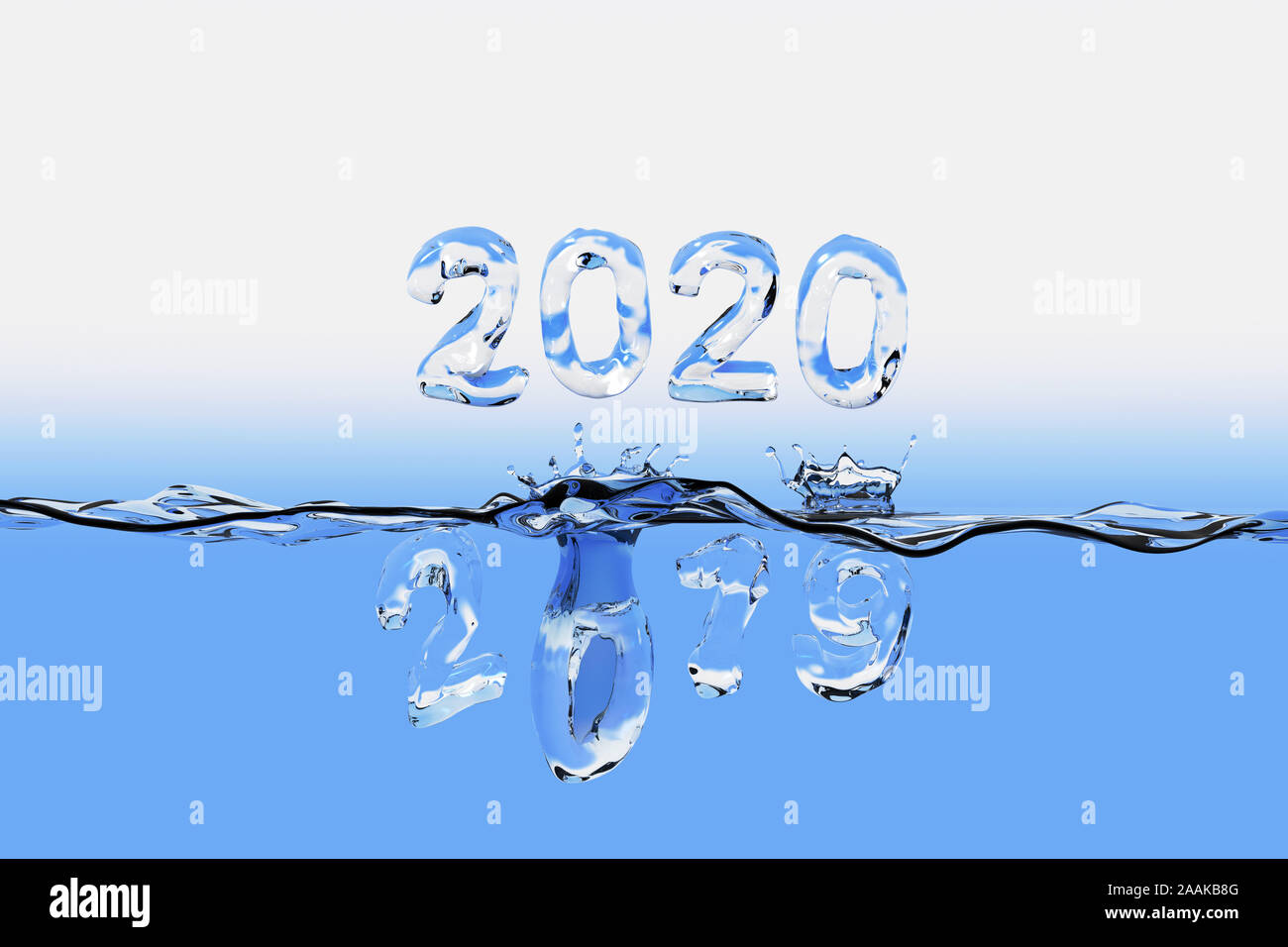 Water surface with the numbers of 2019 splashed under water and 2020 floating above the water surface. All the numbers appear as made of water. Stock Photo