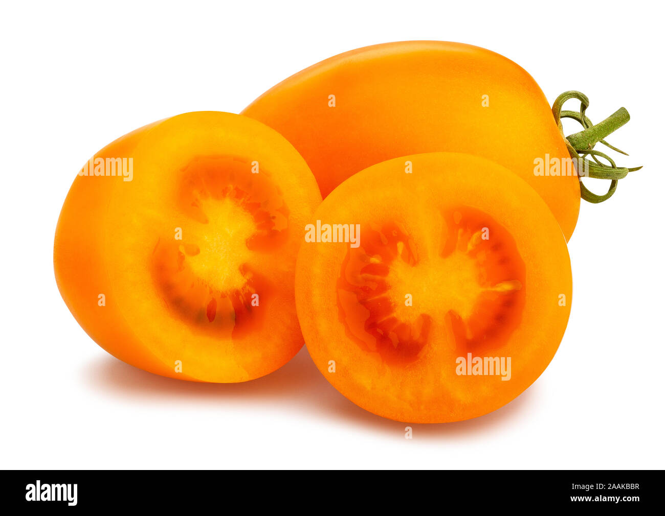 sliced orange plum tomato path isolated on white Stock Photo