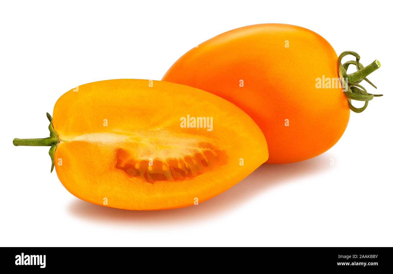 sliced orange plum tomato path isolated on white Stock Photo