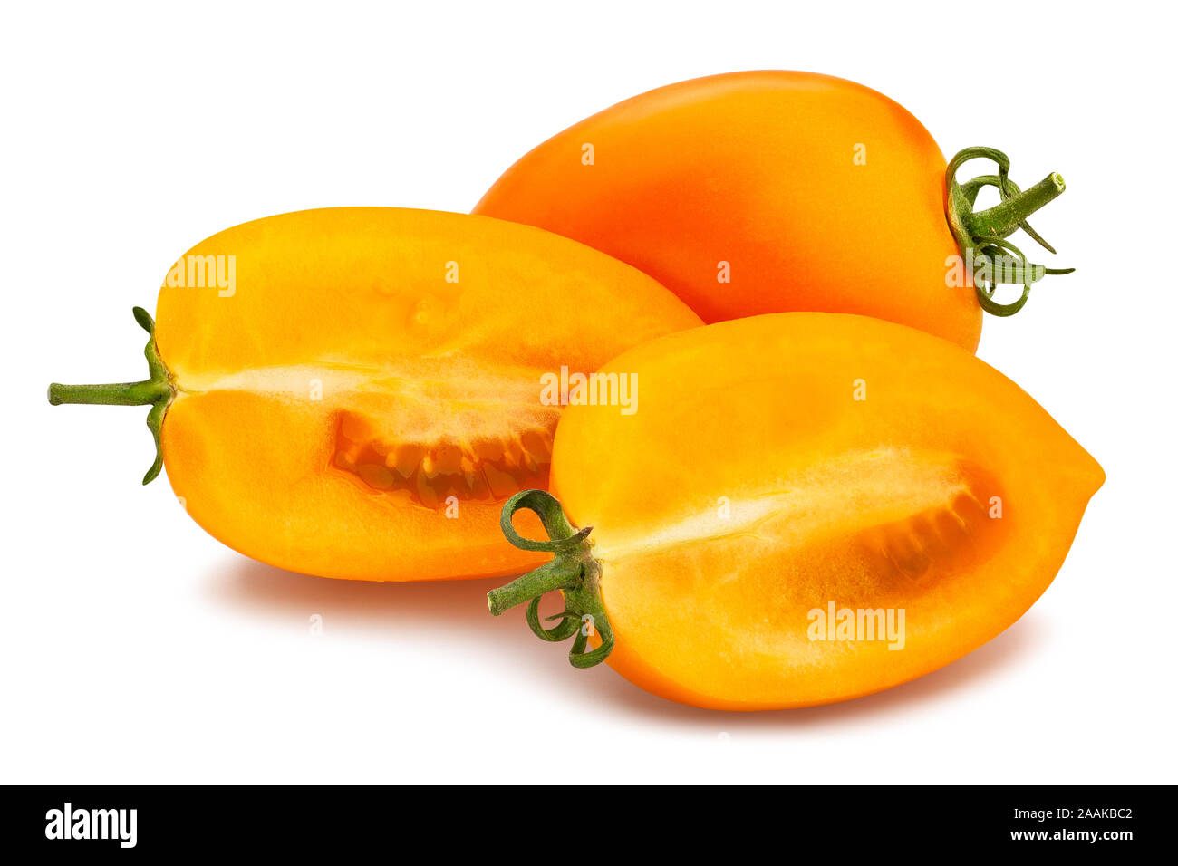 sliced orange plum tomato path isolated on white Stock Photo