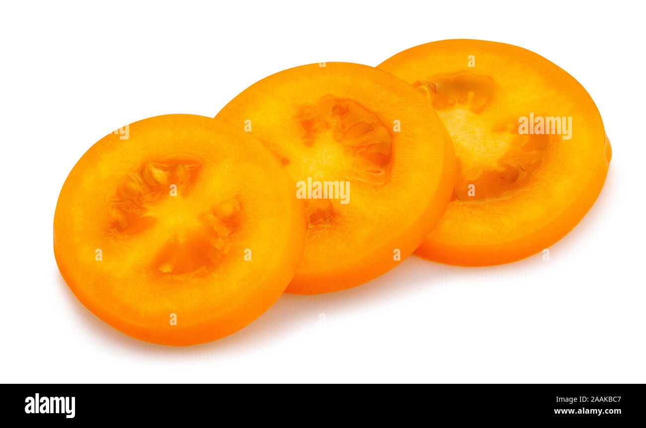 sliced orange plum tomato path isolated on white Stock Photo