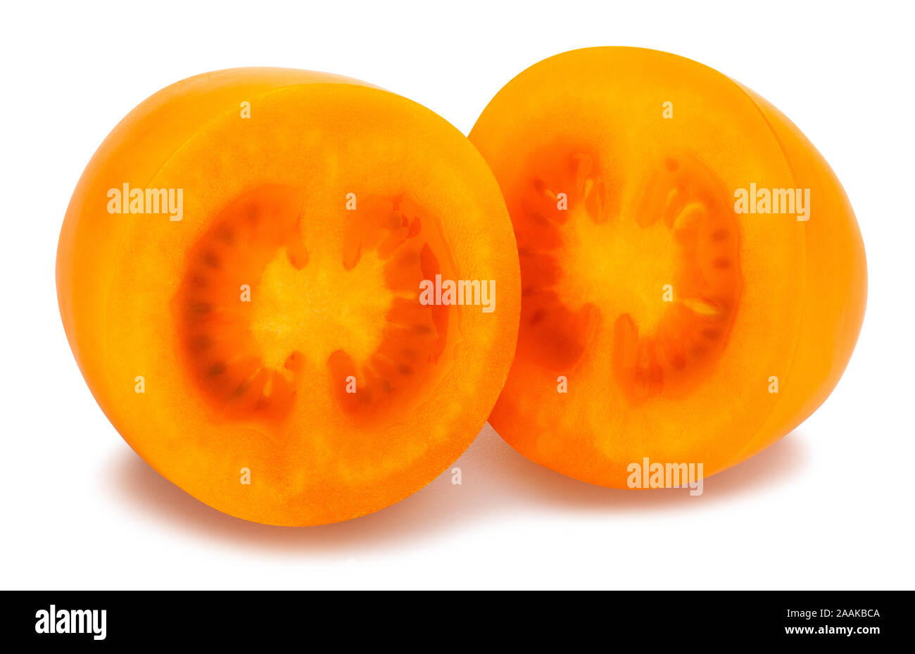 sliced orange plum tomato path isolated on white Stock Photo