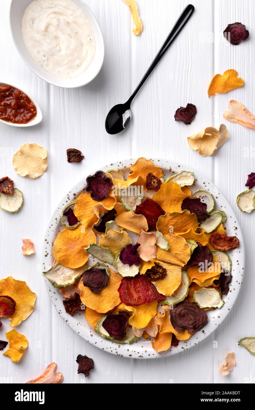 Crisp crunchy organic vegetable chips with ovenbaked pumpkin, beetroot