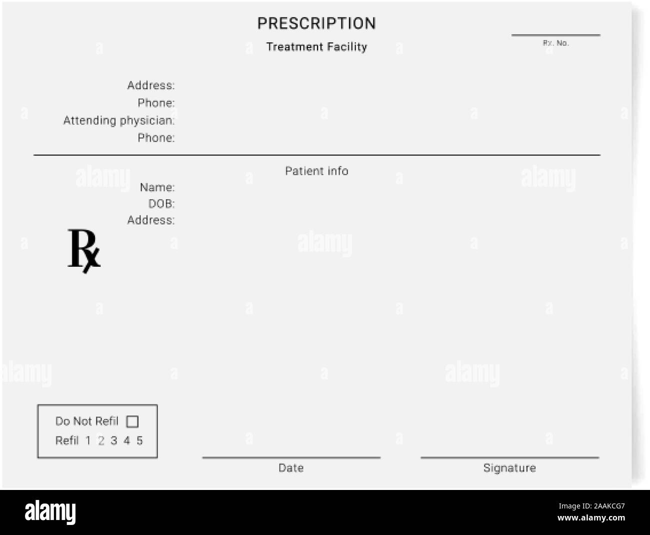 Blank Rx form for medical treatment prescription and drugs list Stock