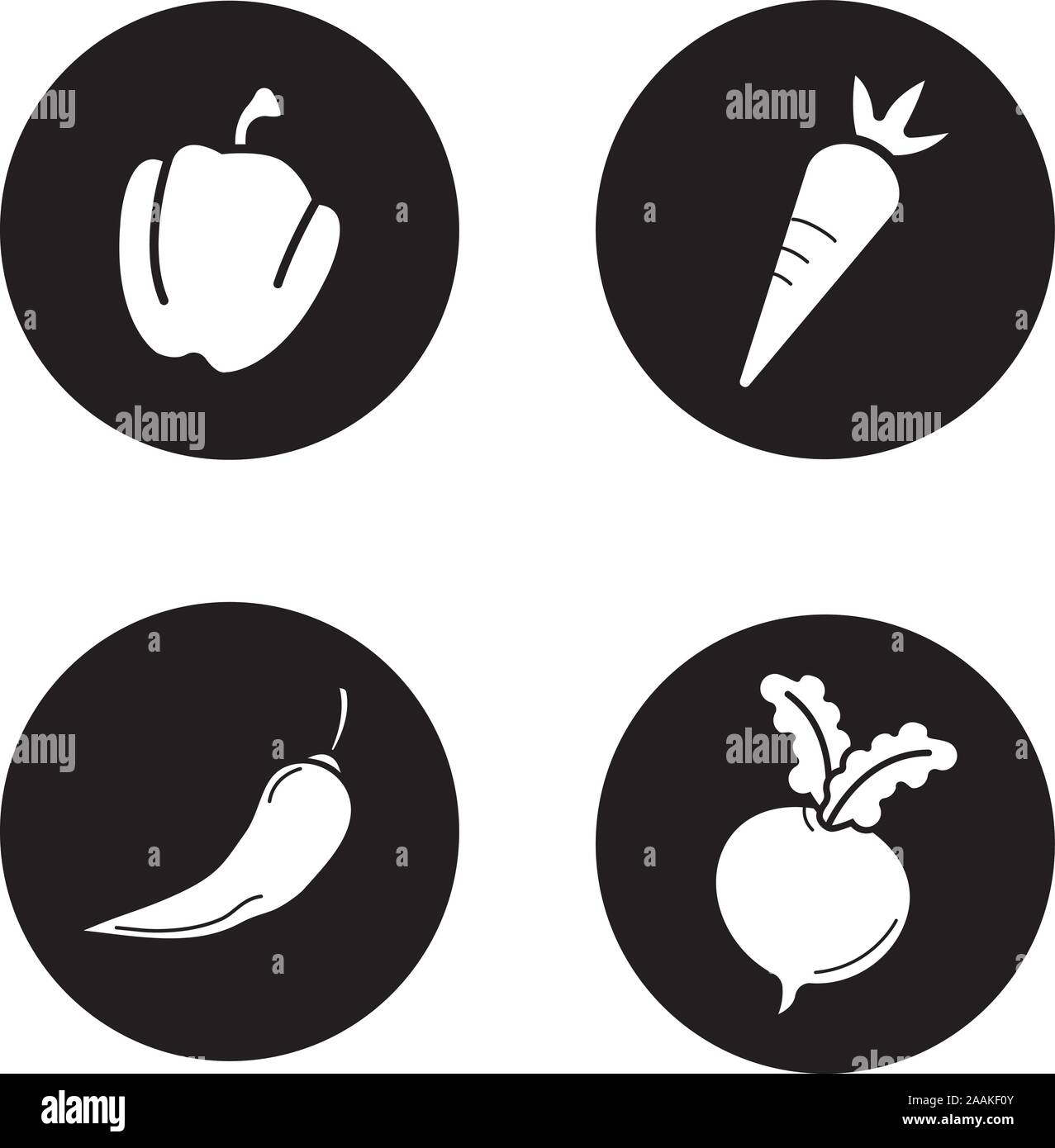 Vegetables black icons set. Bell pepper, carrot, chilli and beet. Vector white illustrations in circles Stock Vector