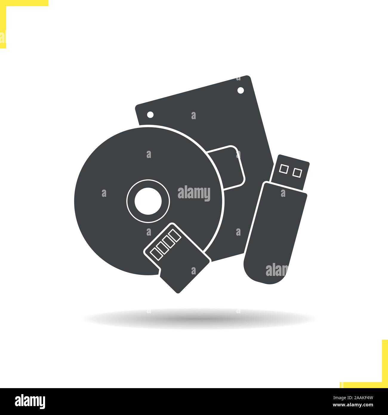 Data storage devices icon. Drop shadow usb flash drive, cd and flash ...
