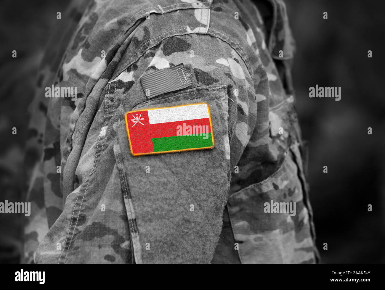 Flag of Oman on military uniform. Army, armed forces, soldiers. Collage ...