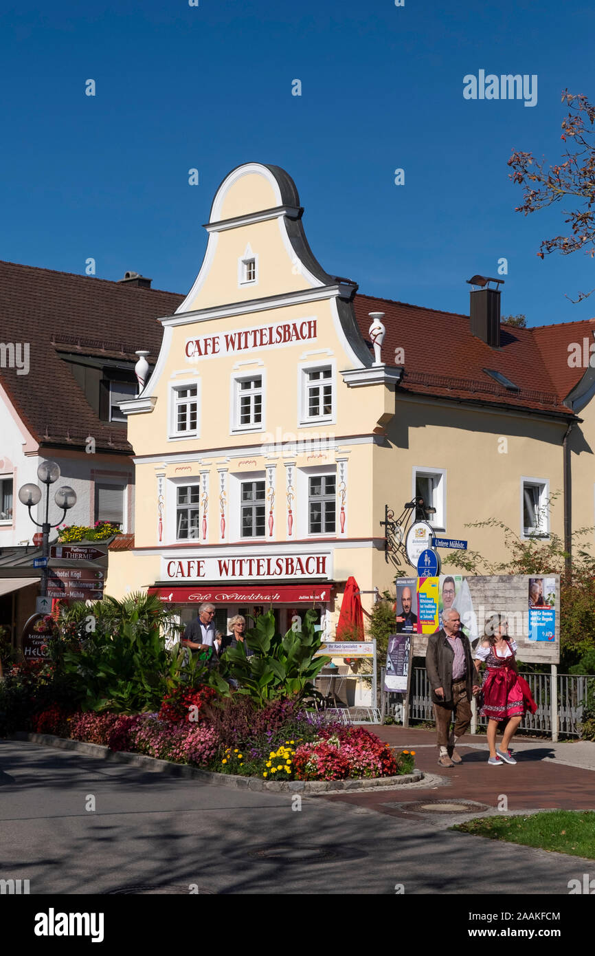 Street scene with people and Cafe Wittelsbach, Bad Woerishofen, Bavaria, Germany. Stock Photo