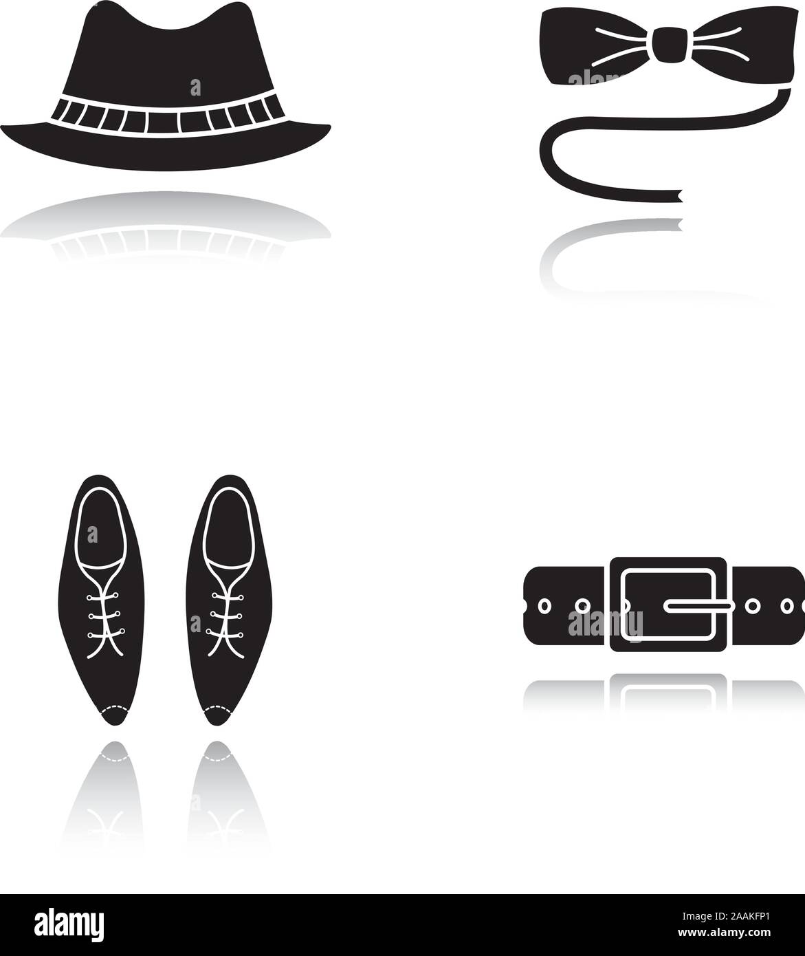Men's accessories drop shadow black icons set. Homburg hat, butterfly tie, classic shoes and leather belt. Isolated vector illustrations Stock Vector