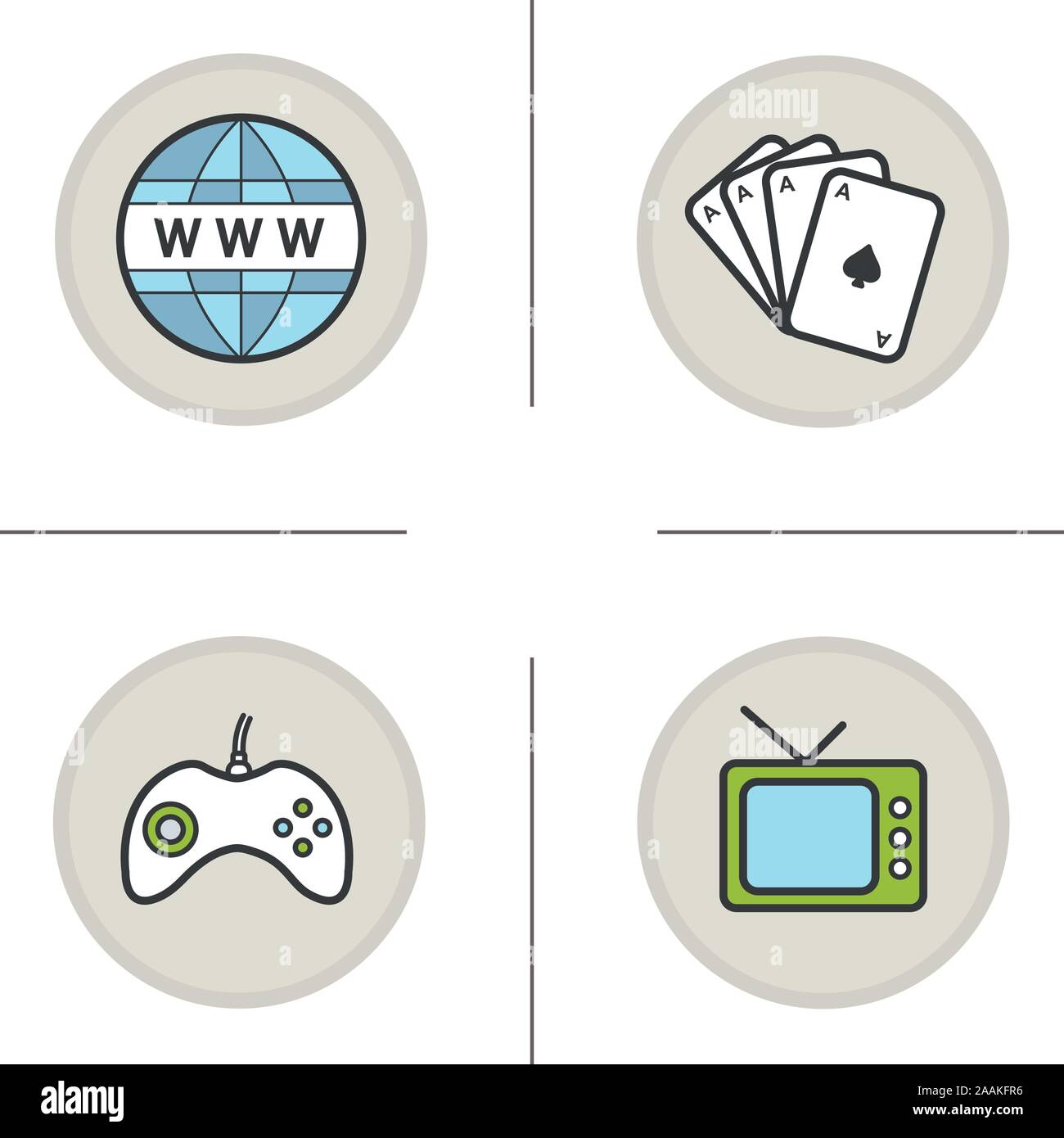 Bad habits color icons set. Internet, cards deck, gamepad and tv. Addictions. Vector isolated illustrations Stock Vector