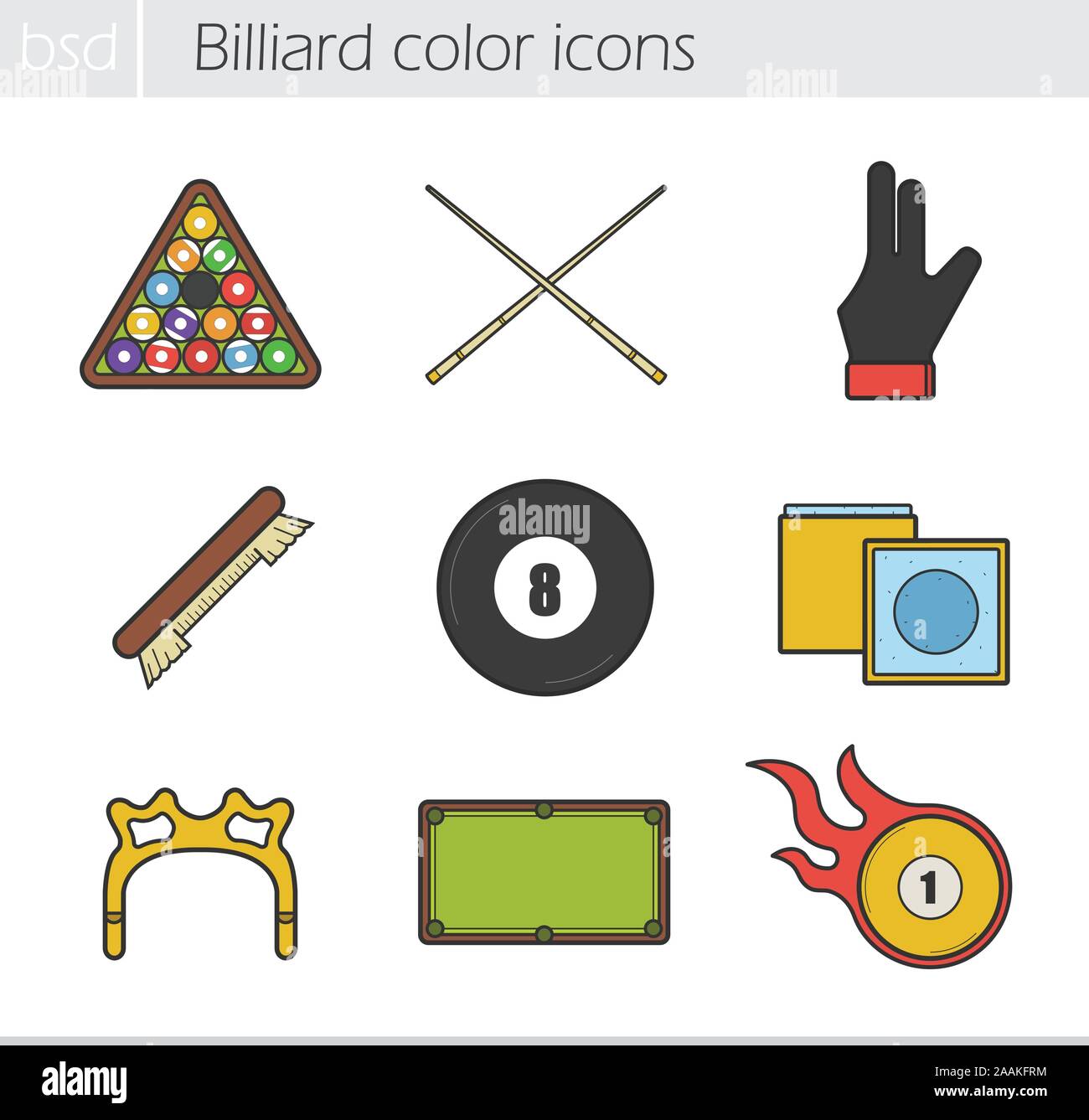 Billiard color icons set. Ball rack, cues, glove, brush, eight ball ...