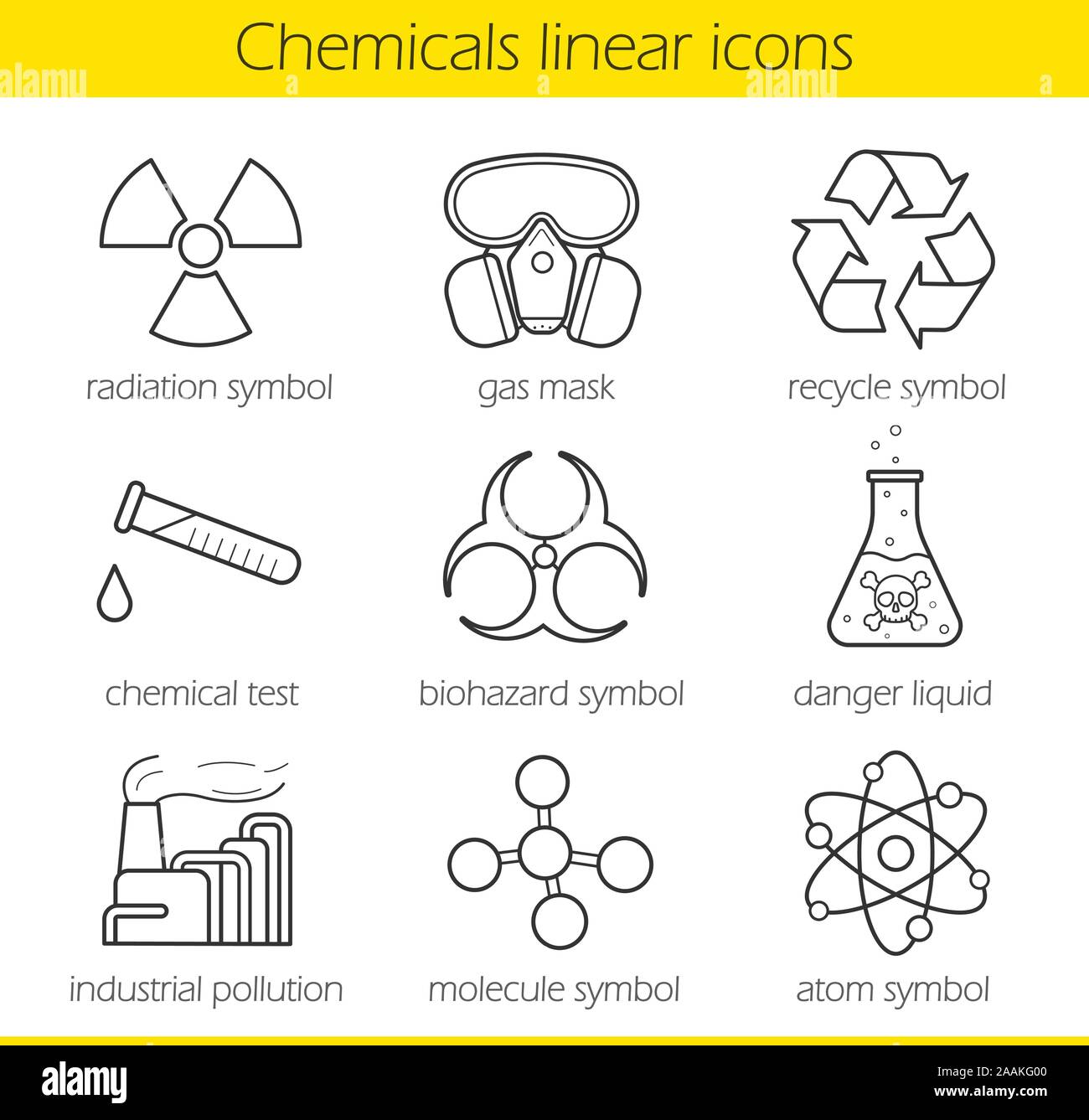 Laboratory equipment. Chemical industy. Gas mask, recycle symbol, chemical  test tube, poison danger, factory pollution. Biohazard, radiation, atom and  Stock Vector Image & Art - Alamy