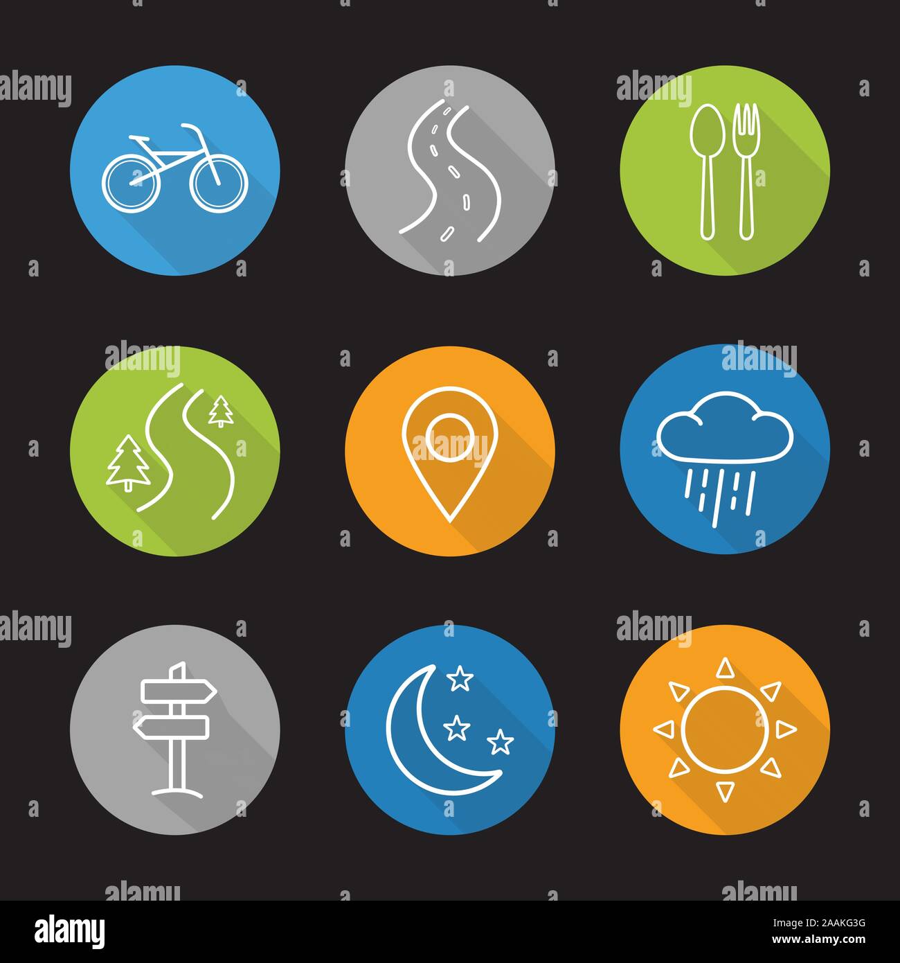Camping flat linear long shadow icons set. Bike, highway, fork and spoon, forest road, pinpoint, rain, signpost, moon with stars and sun. Vector line Stock Vector